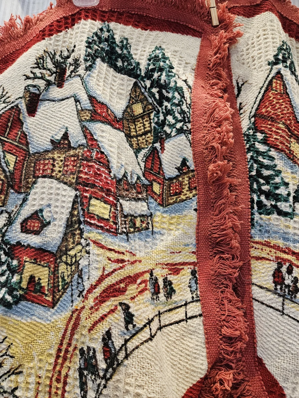 Vintage-Style Red Holiday Tree Skirt w/ Winter Village Scene Waffle Knot Fringe